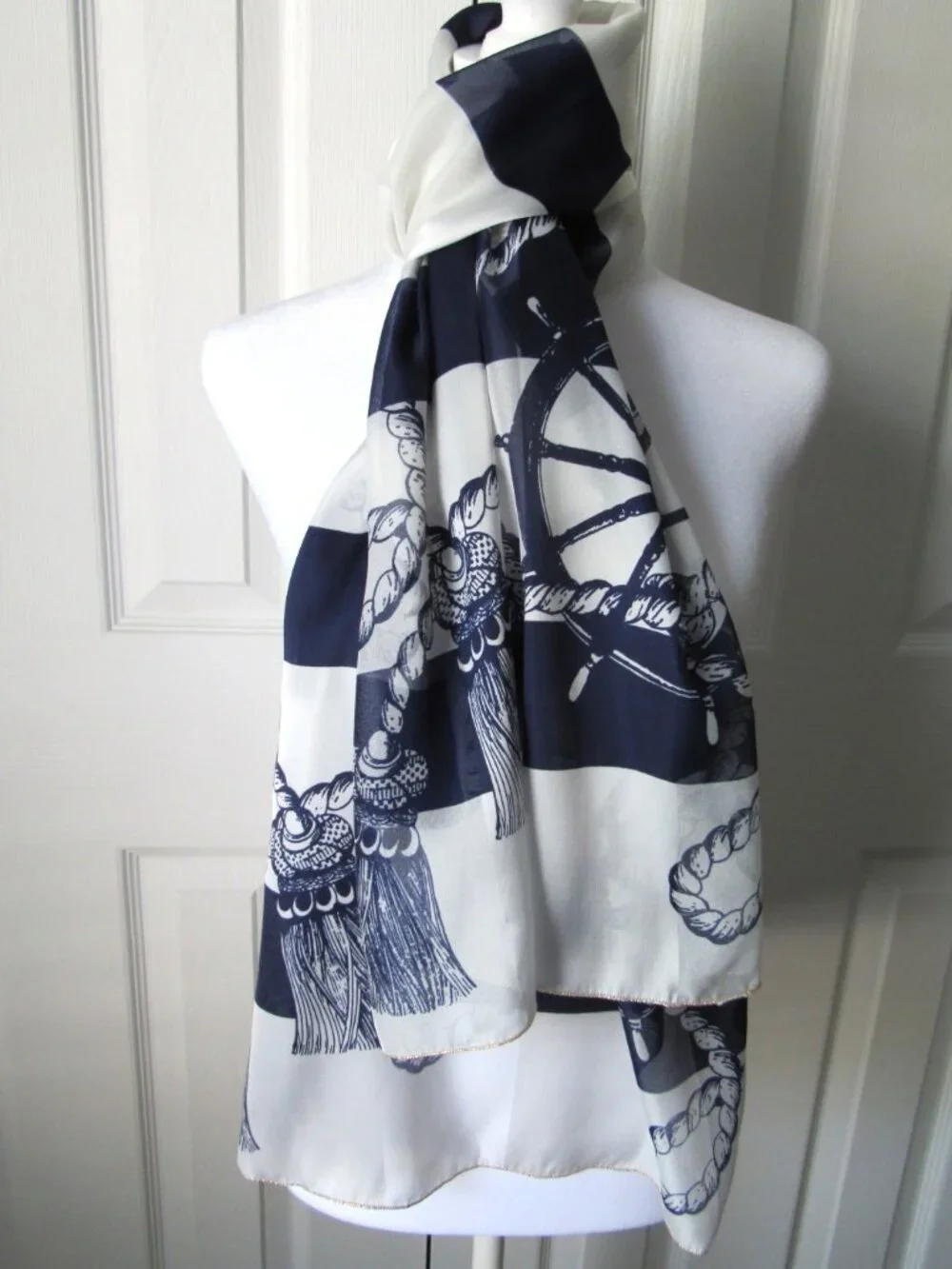Nautical Blue & White Italy Scarf 100% Polyester Coastal Grandmother Sailing